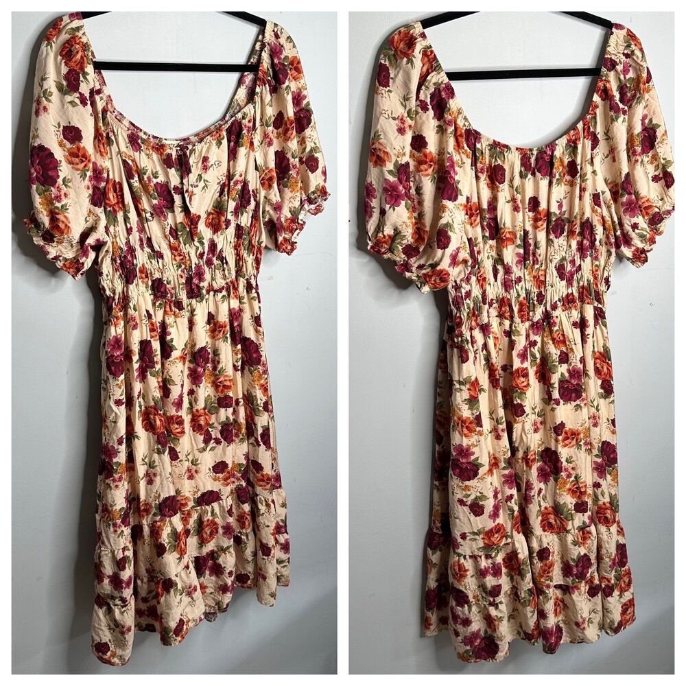 Liberty Love Warm Autumn Floral Print Tiered Milkmaid Peasant Dress Plus Size 3X